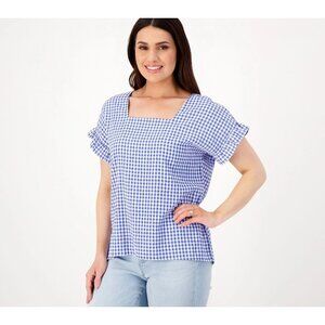 Girl With Curves Blouse Size Small Gingham Flutter Sleeve French Blue Outing NEW